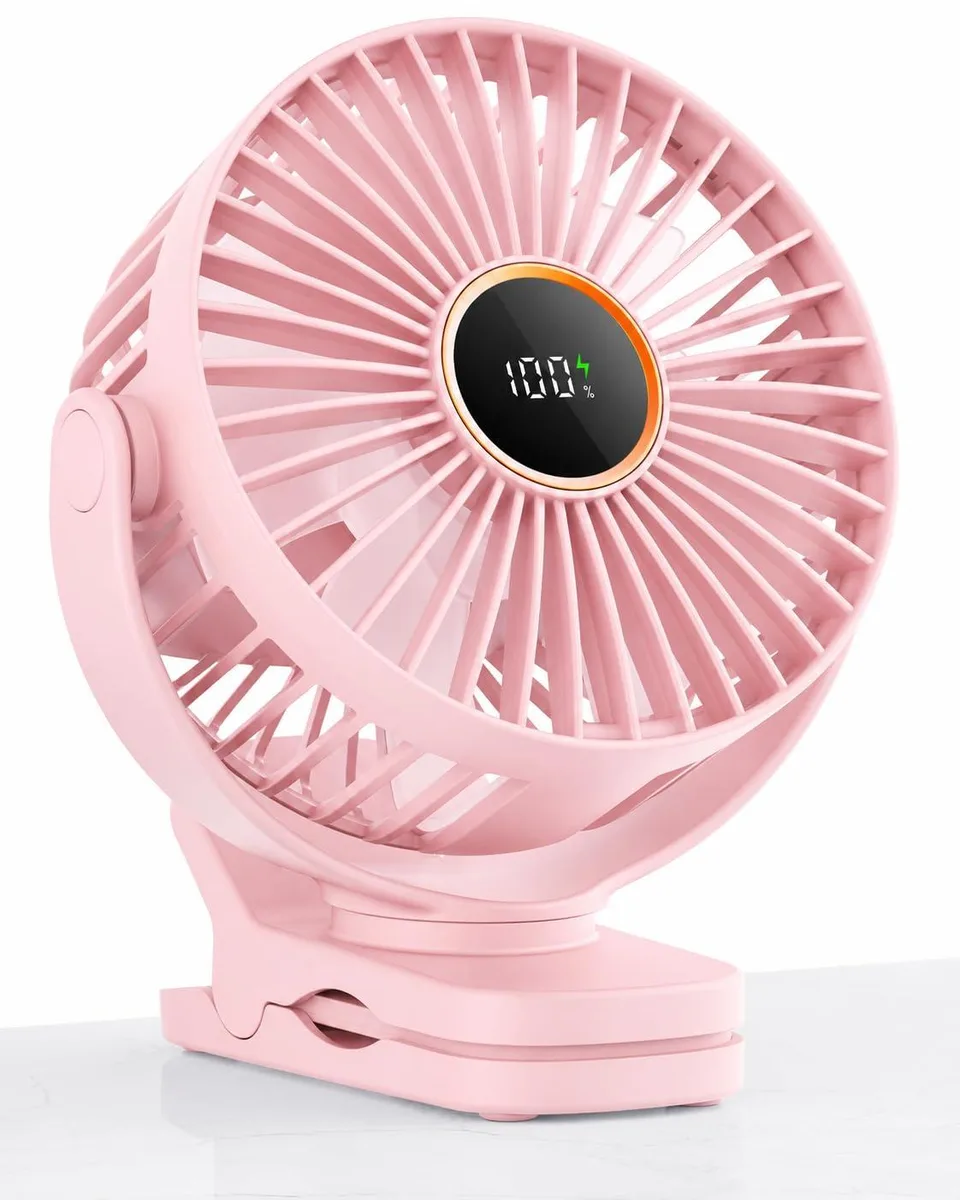 Small white plastic clip-on fan with digital display and five blades