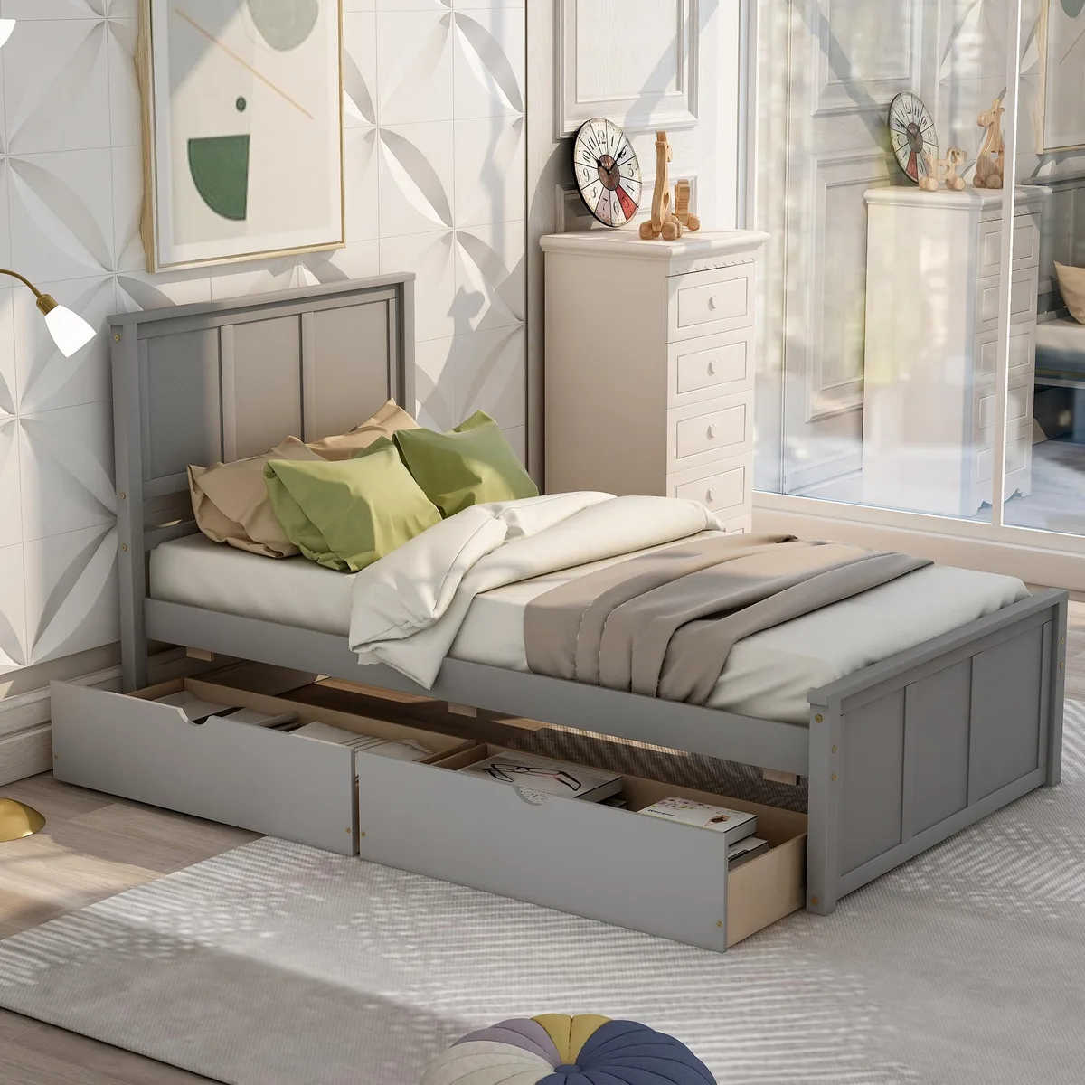 Twin platform bed frame in gray finish with two rolling under-bed drawers