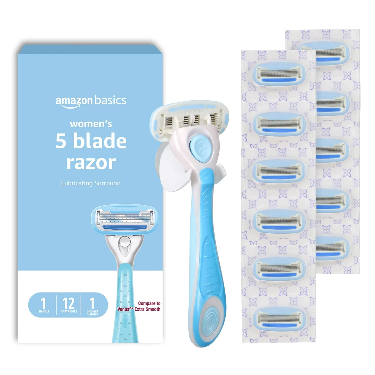 Blue razor handle with twelve cartridges and shower hanger