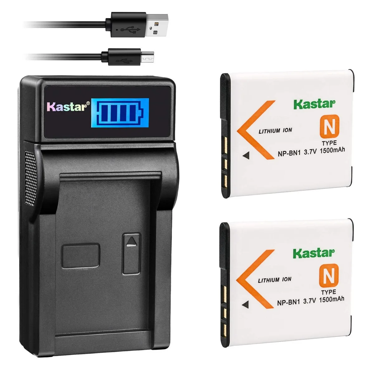 Two slim lithium-ion batteries and a compact LCD USB charger