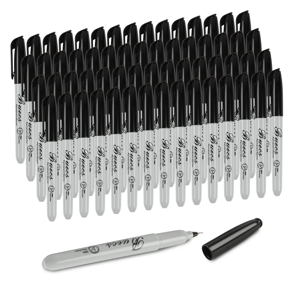 A rectangular box containing sixty black ultra-fine permanent markers