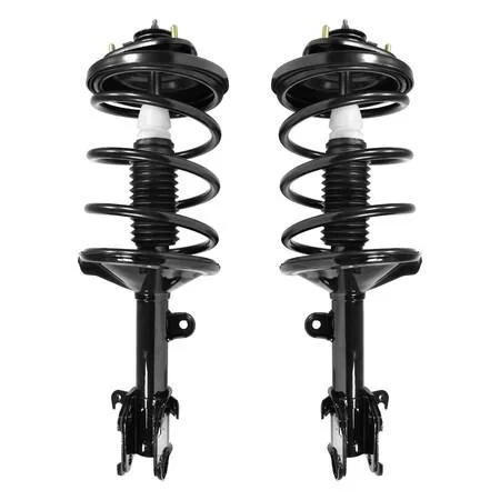 Pair of silver front strut assemblies with coil springs and top mounts, new condition