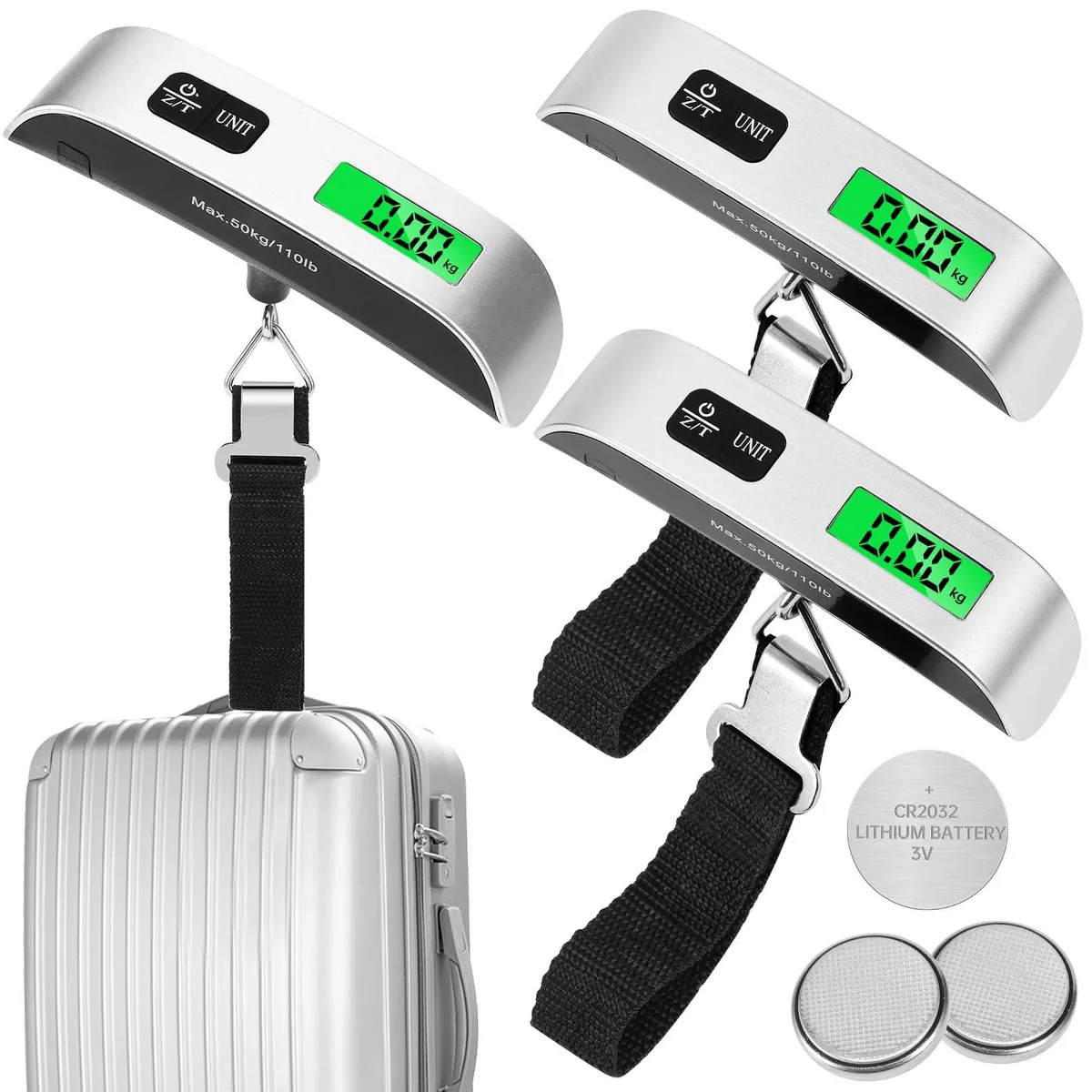 Three compact grey digital luggage scales with metal hooks and nylon straps, green backlit LCD screens, and T-shaped handles