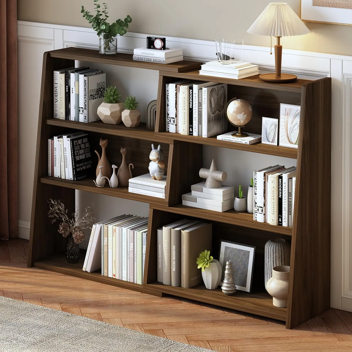  IOTXY Wood Shelving 3-Tier Ladder Extendable Dark Walnut L 31.5-59.1W 11.6D 35.2H 0.6in MDF 6 Cubes 24.494kg — product photo