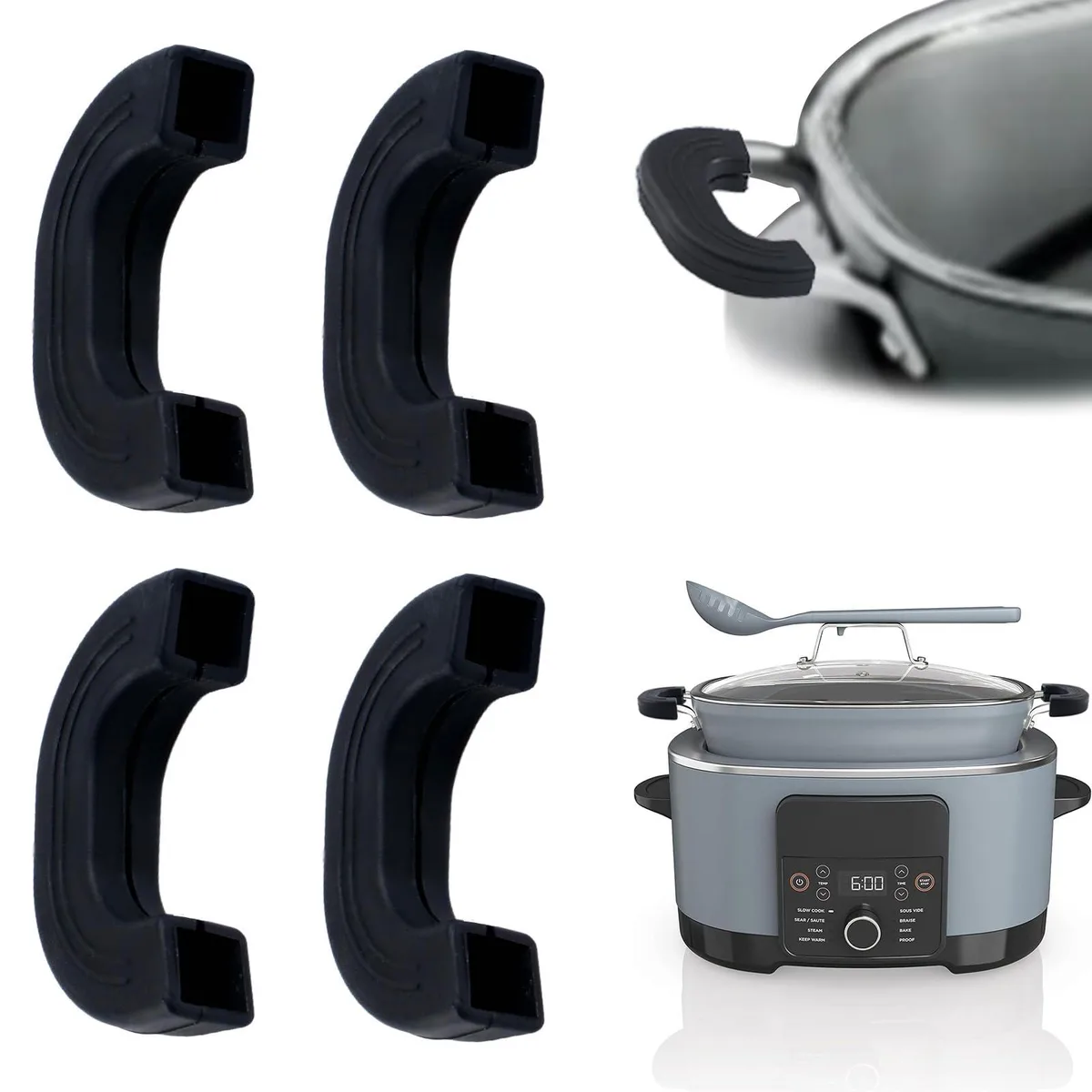 Four black silicone pot handle covers 7.8 cm