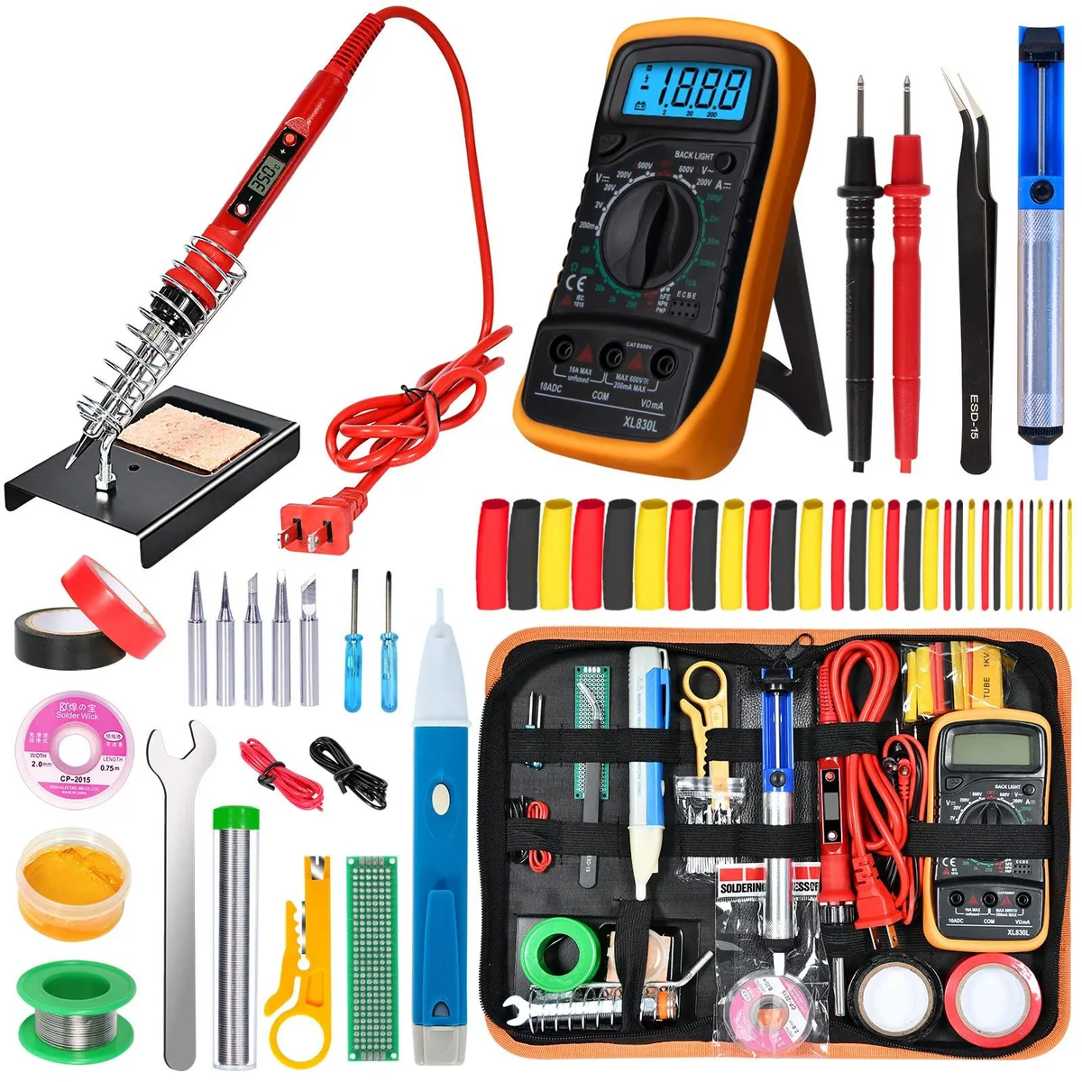 Pistol-grip soldering gun with LCD screen and 24-piece accessory kit in carry bag
