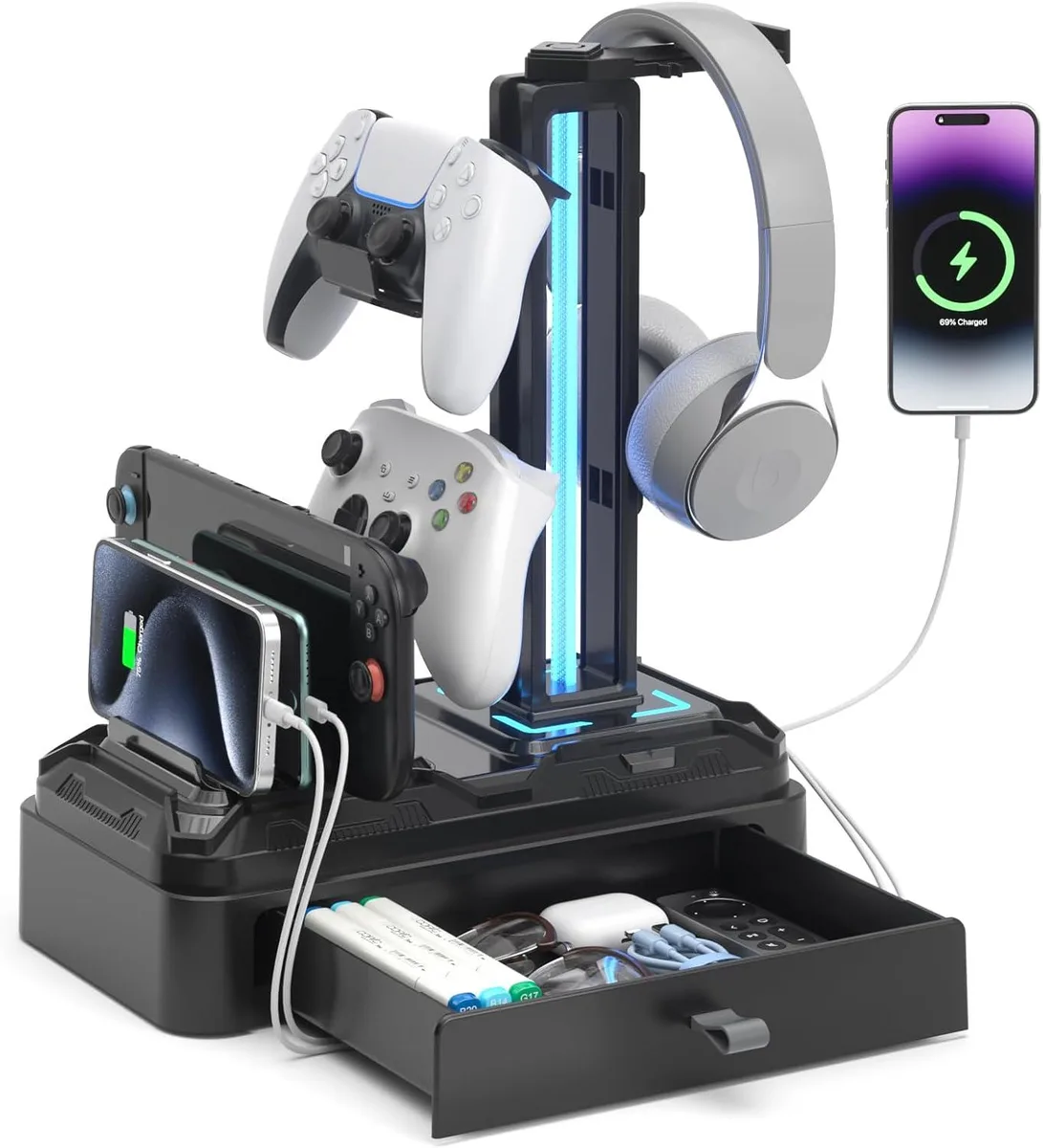 BFKK BFKK Headphone Stand USB A&amp;C RGB 360° Hooks Drawer — product photo