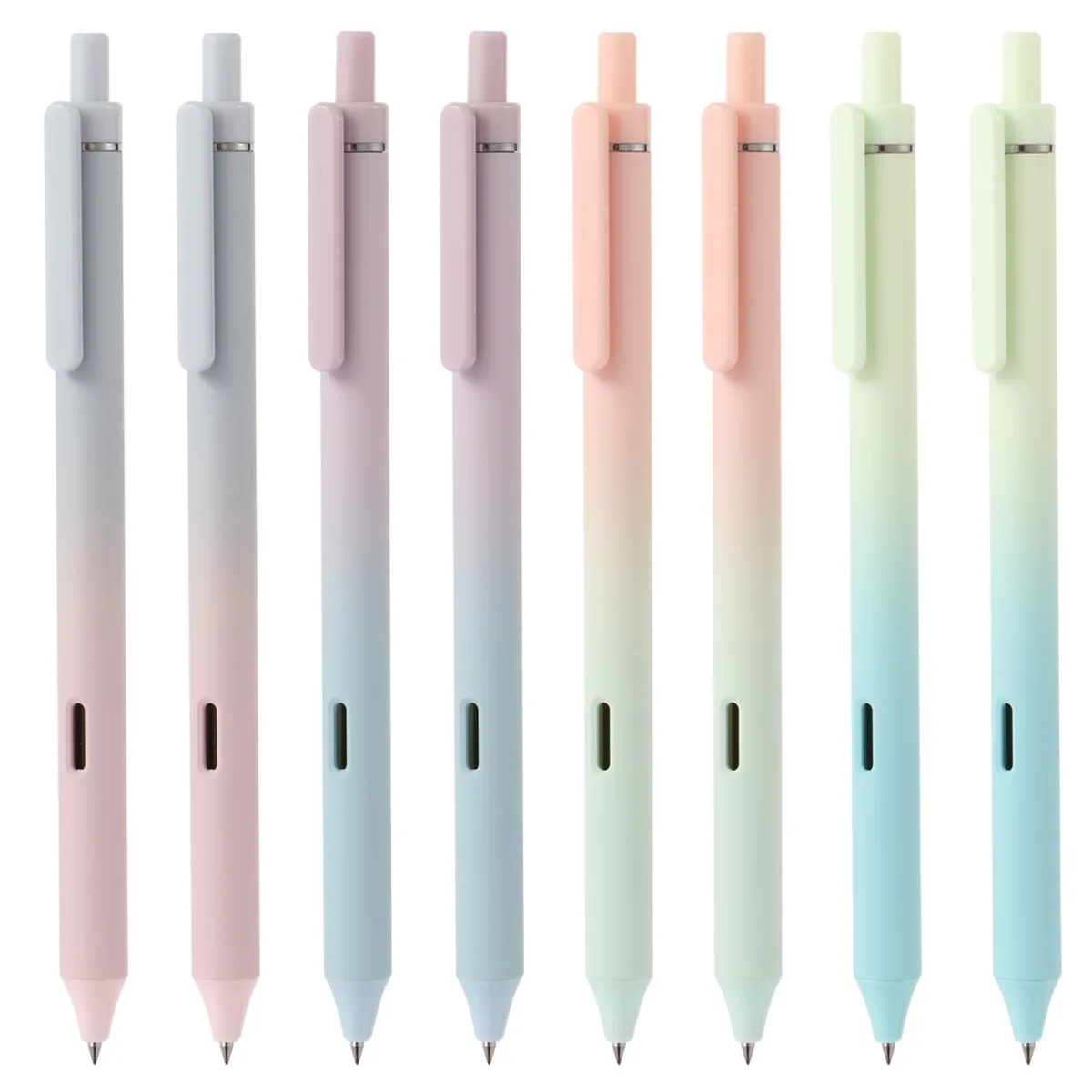 Eight retractable gel pens with gradient barrels and soft grips