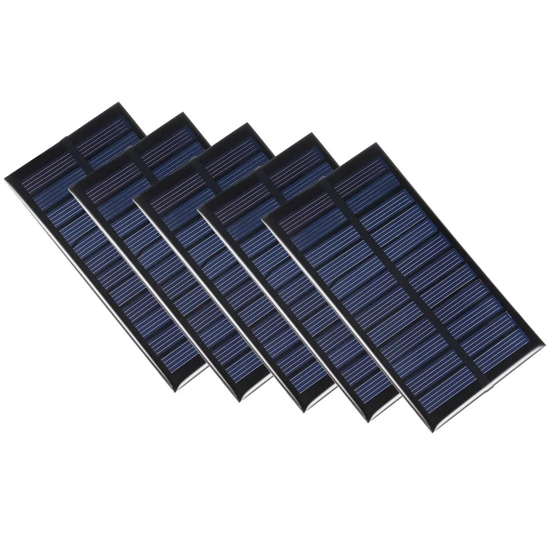 Five small rectangular polysilicon solar panels in black and green finish