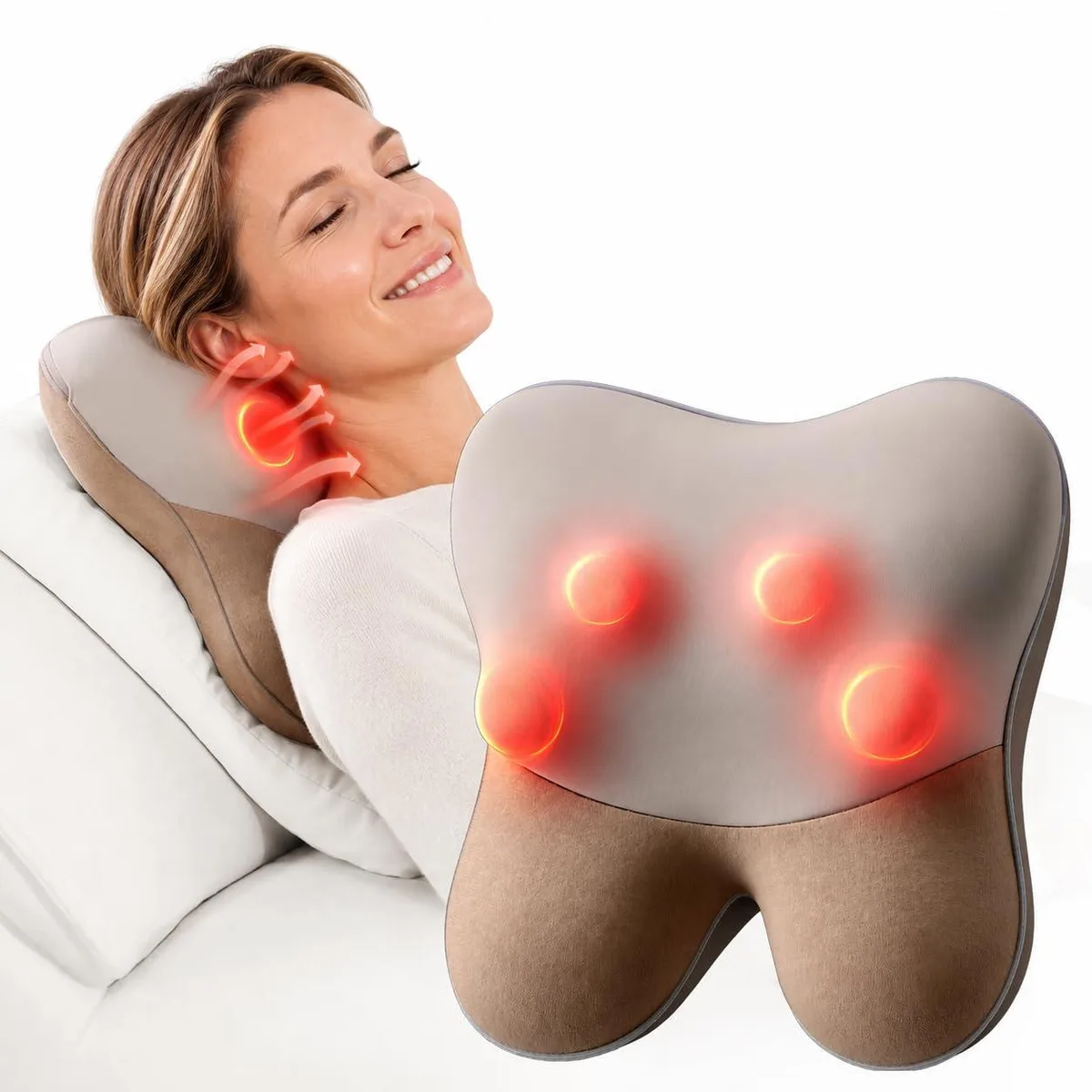 Brown curved massage pillow with fabric cover and power cord