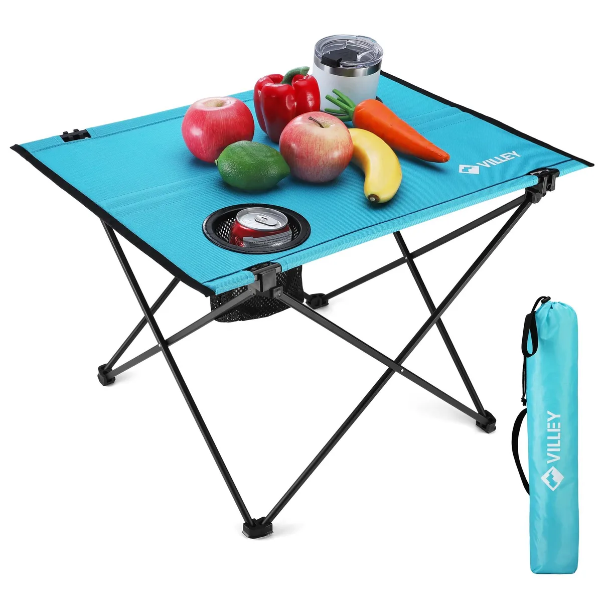 Black folding camp table, aluminum frame, Oxford canvas top, two cup holders, carry bag included