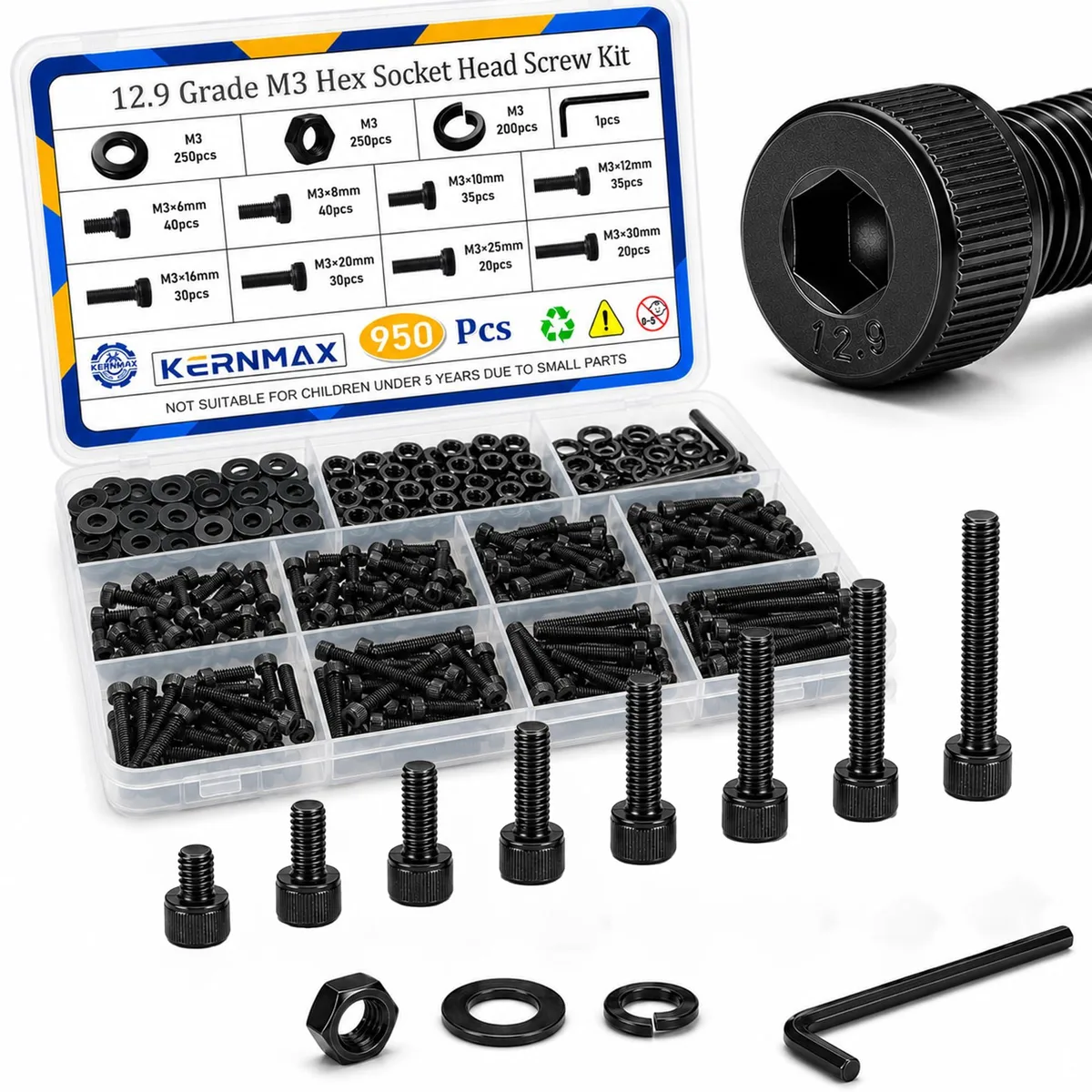 Kernmax M3 Screws Assortment Kit 950pcs 12.9 Alloy Steel M3x6-30mm Hex Socket Head Cap Bolts Nuts Washers Set — product photo