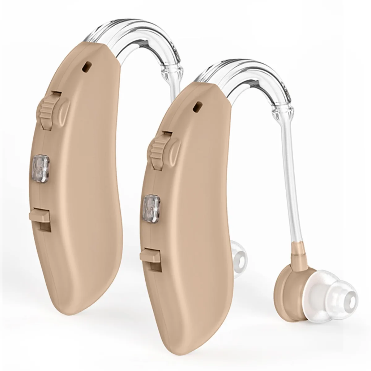 Pair of beige behind-the-ear hearing amplifiers with golden receivers and volume controls