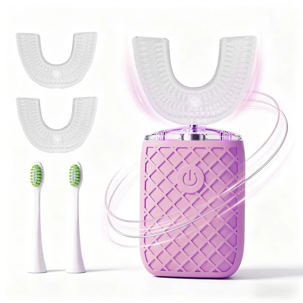 Pink U-shaped electric toothbrush with straight brush heads and charging cable