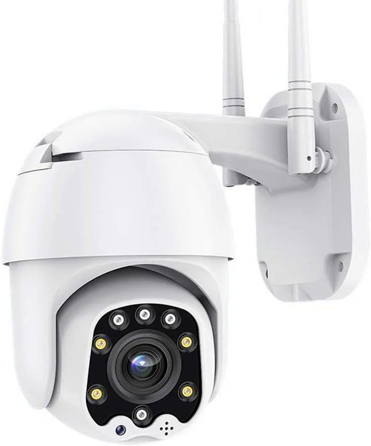 White outdoor PTZ dome camera with pan-tilt base and LED array