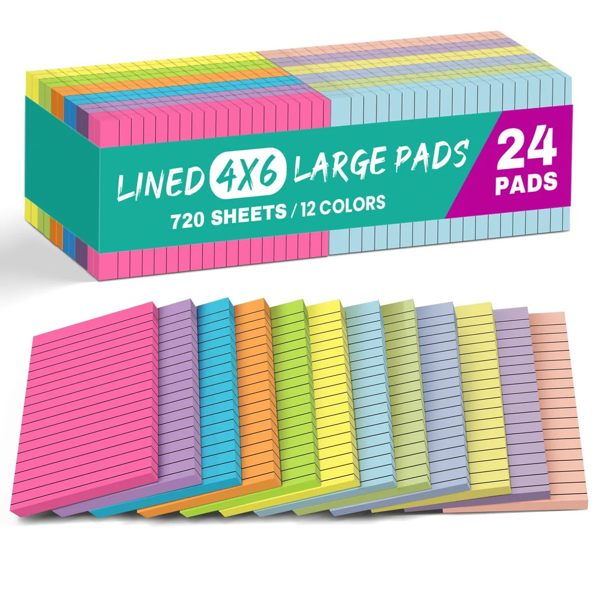Bright multicolor stack of 24 lined sticky note pads, 4 by 6 inches each