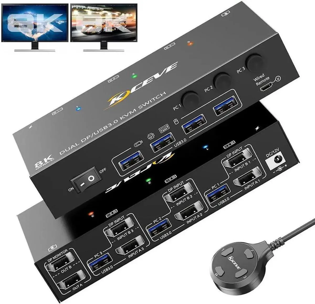 Vszerda Vszerda 3-PC 2-Monitor DP 1.4 KVM Switch 8K@60Hz 4×USB 3.0 Wired Remote — product photo