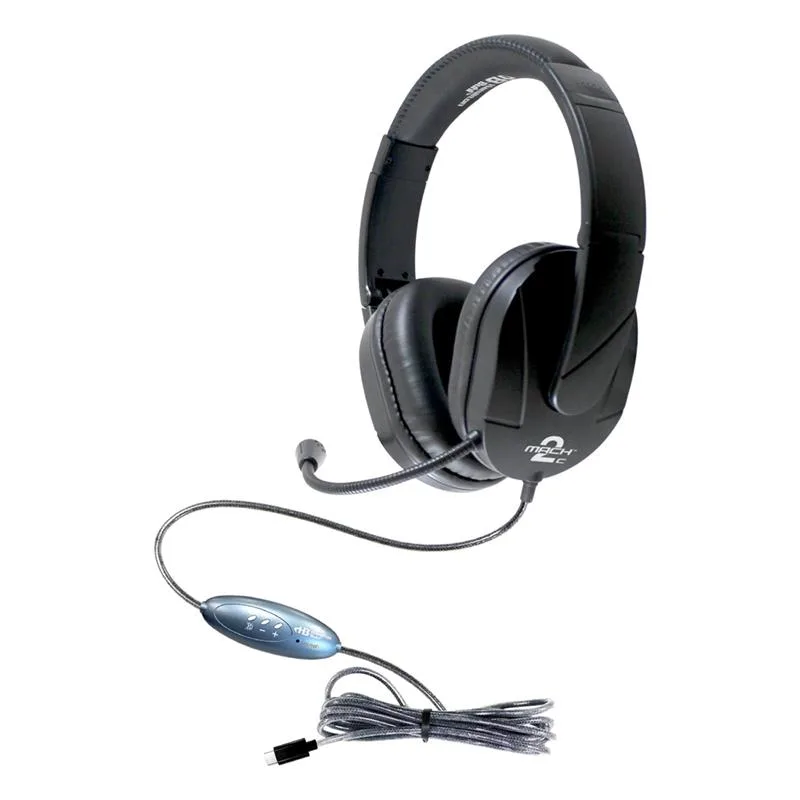 Black over-ear USB headset with steel gooseneck mic, leatherette cushions, foldable padded headband, in-line volume control