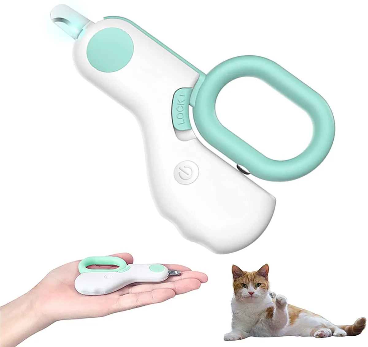 Blue pet nail clippers with built-in LED light, ergonomic non-slip handles, stainless steel blades