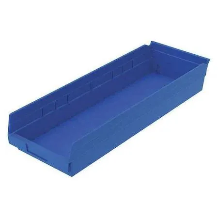 Blue plastic shelf bin rectangular shape smooth finish 23 5/8 inches long 8 3/8 inches wide 4 inches high