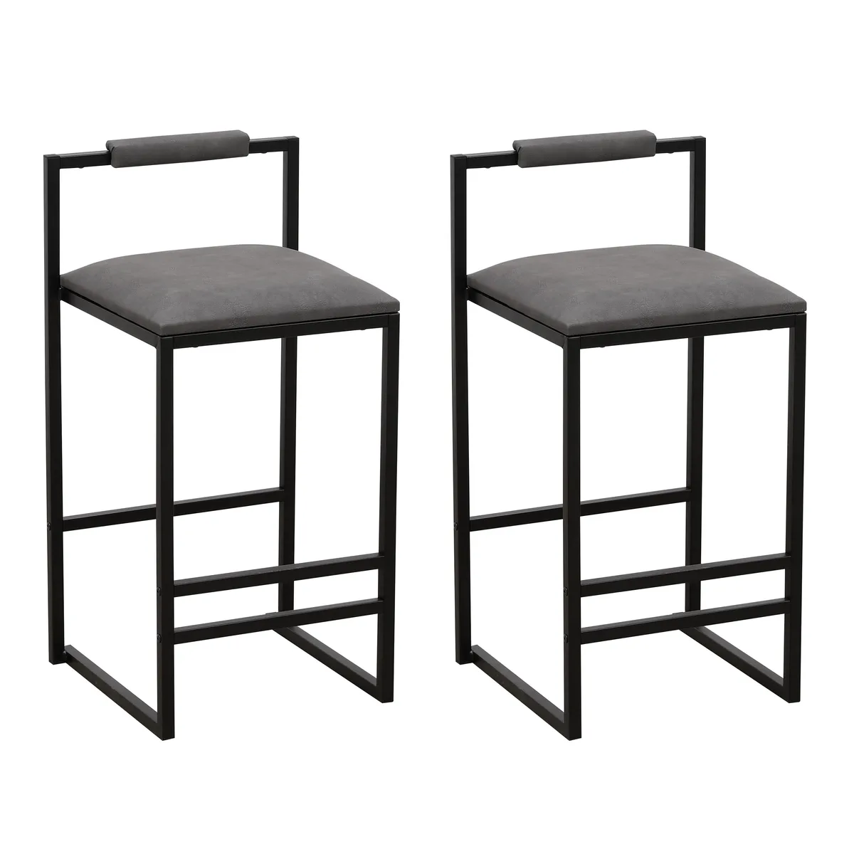 Two grey bar stools with backs, metal frames, footrests, PU leather seats