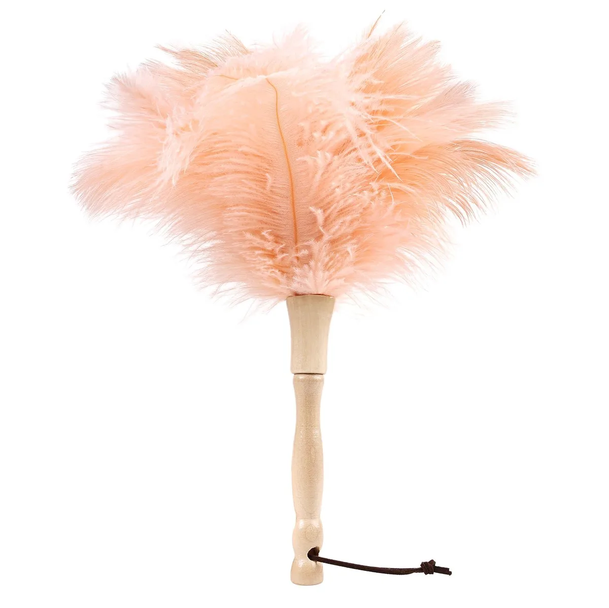 Handheld ostrich feather duster, champagne feathers, wooden handle, 12 inch overall length