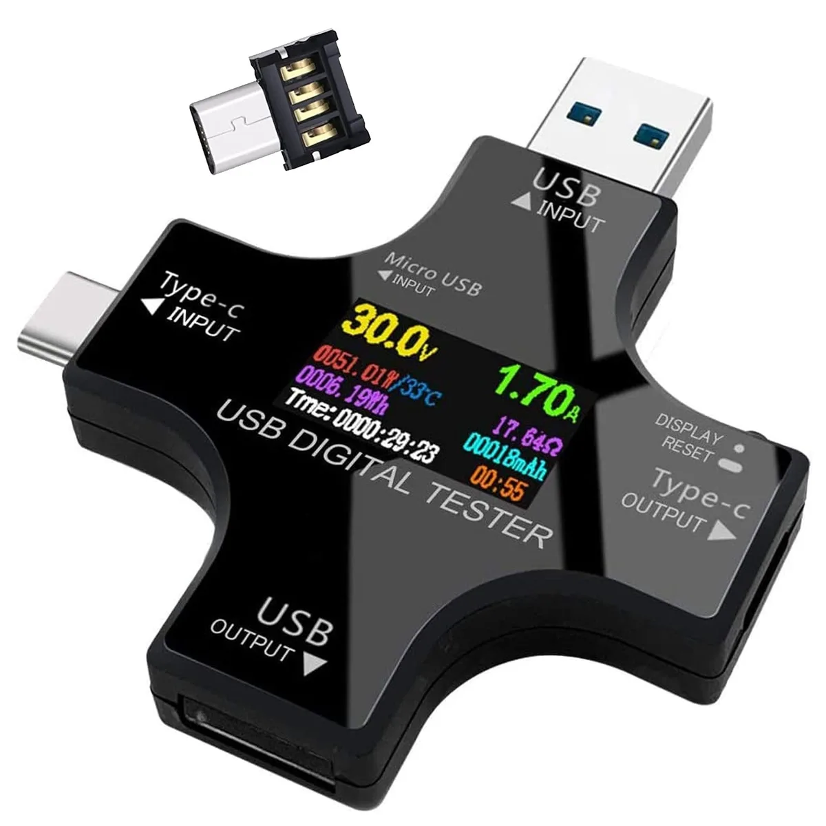 Small rectangular USB-C tester with colour TFT screen, male plug on one end, female port on the other, matte black plastic body