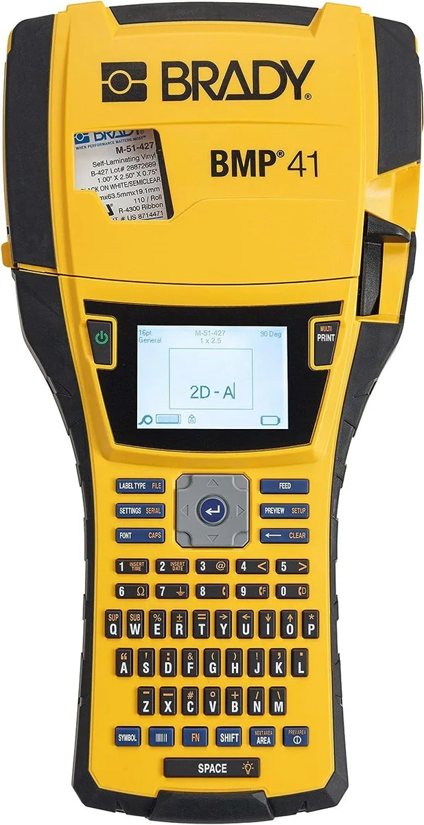 Yellow and black handheld label printer with QWERTY keyboard, backlit LCD screen, rubber bumpers and hard carrying case