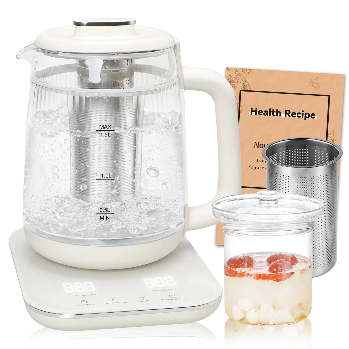  YUCHANLUCK Electric Kettle 1.5L White Double Wall 9-in-1 Glass Tea Maker with Stew Pot — product photo