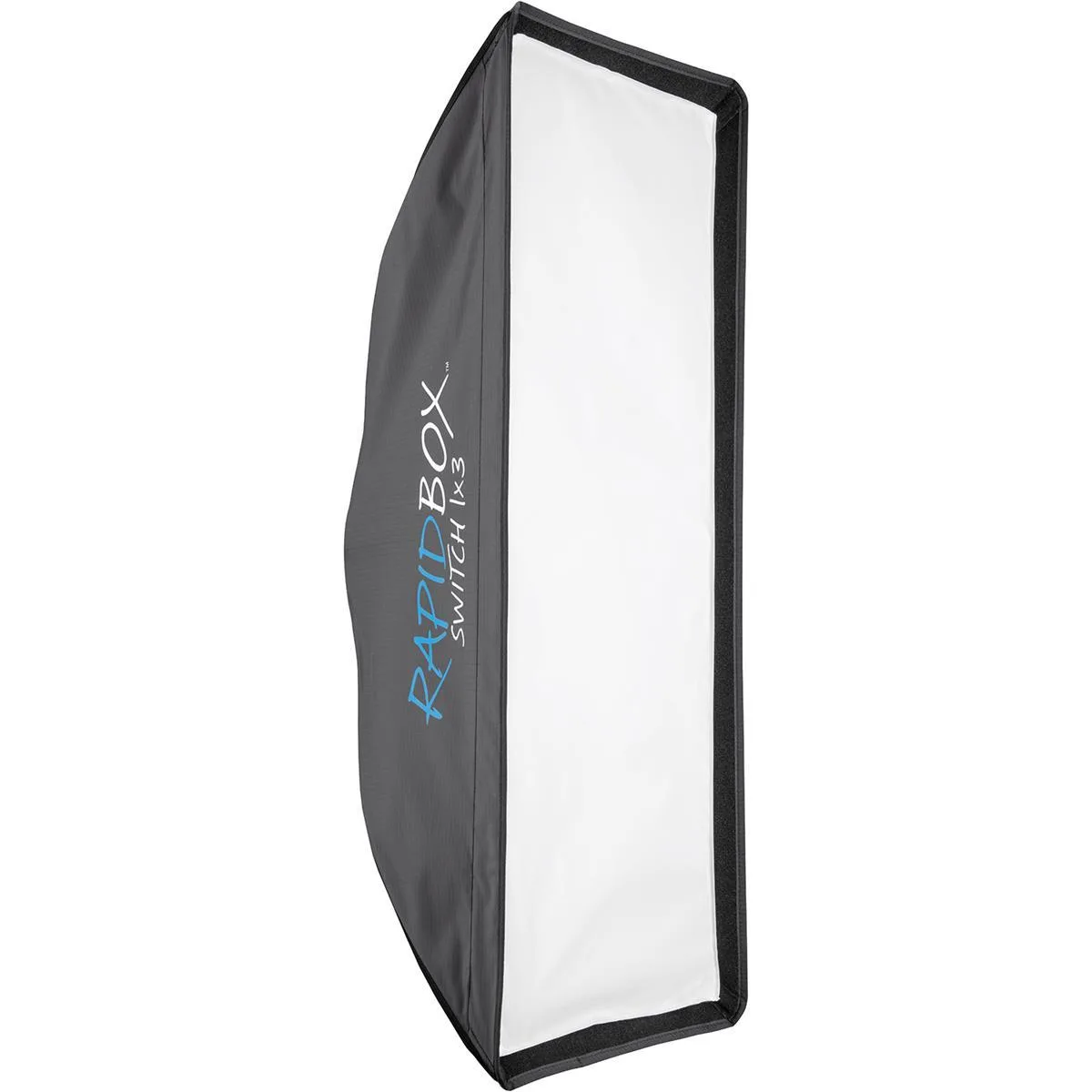 Rectangular collapsible softbox with silver interior and front diffusion panel