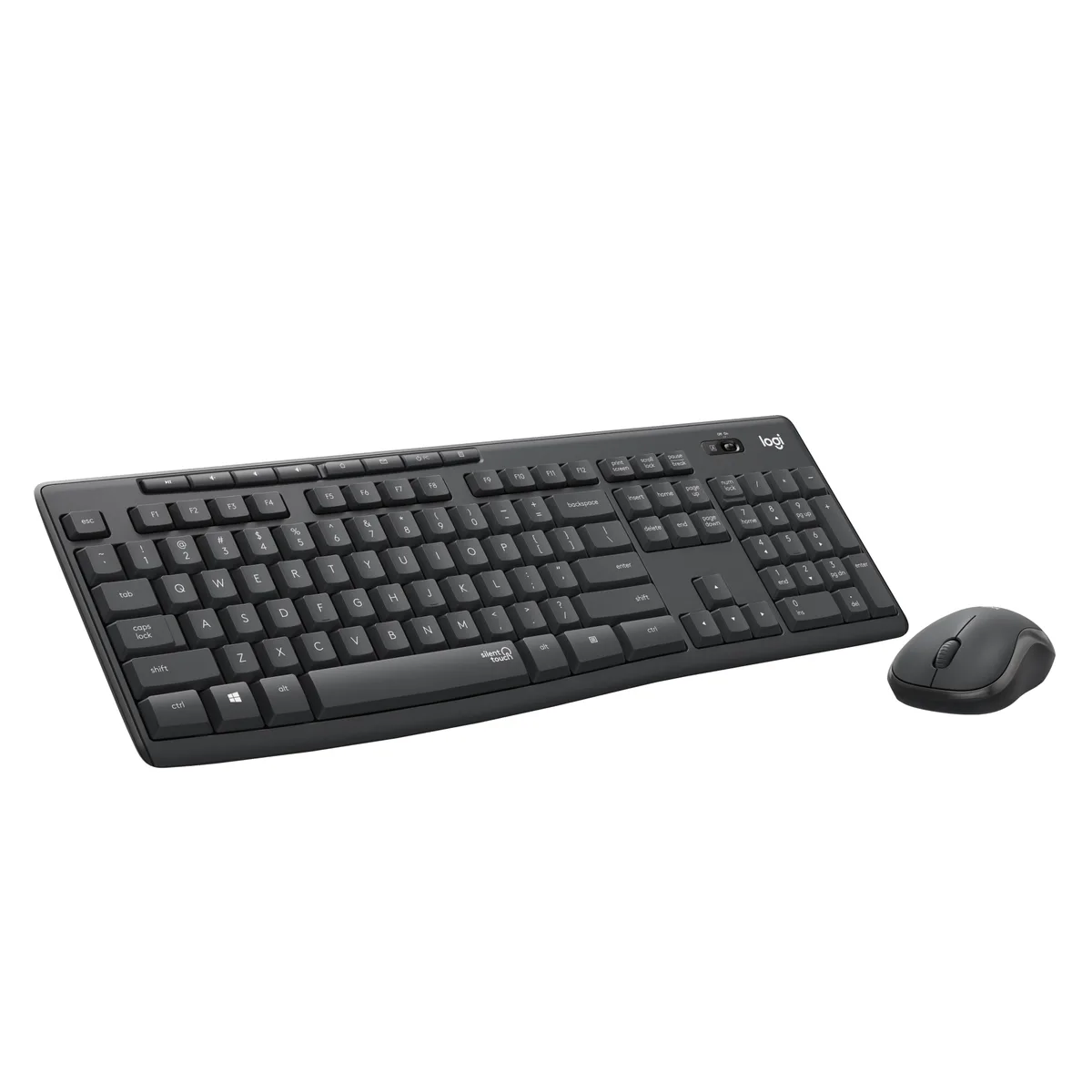 Graphite wireless keyboard with full numpad and matching black mouse on a desk