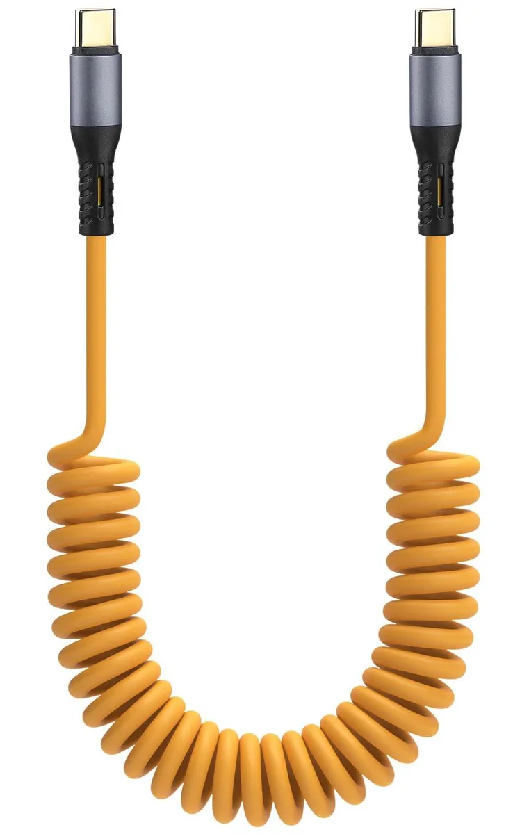 Yellow coiled USB-C to USB-C cable with TPE finish