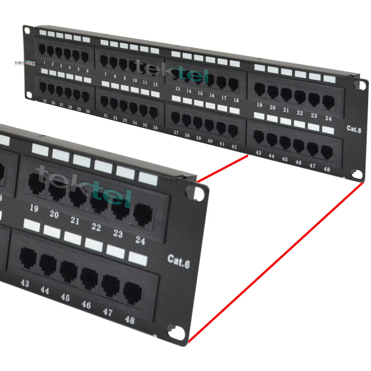 Silver 19-inch 2U rack-mount panel with 48 RJ45 ports and rear 110 IDC punch-down blocks
