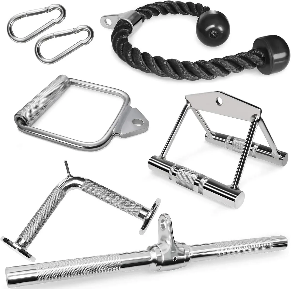 Set of chrome steel cable attachments with textured rubber grips and two snap hooks