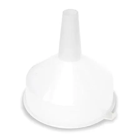Clear plastic utility funnel with round mouth and short spout