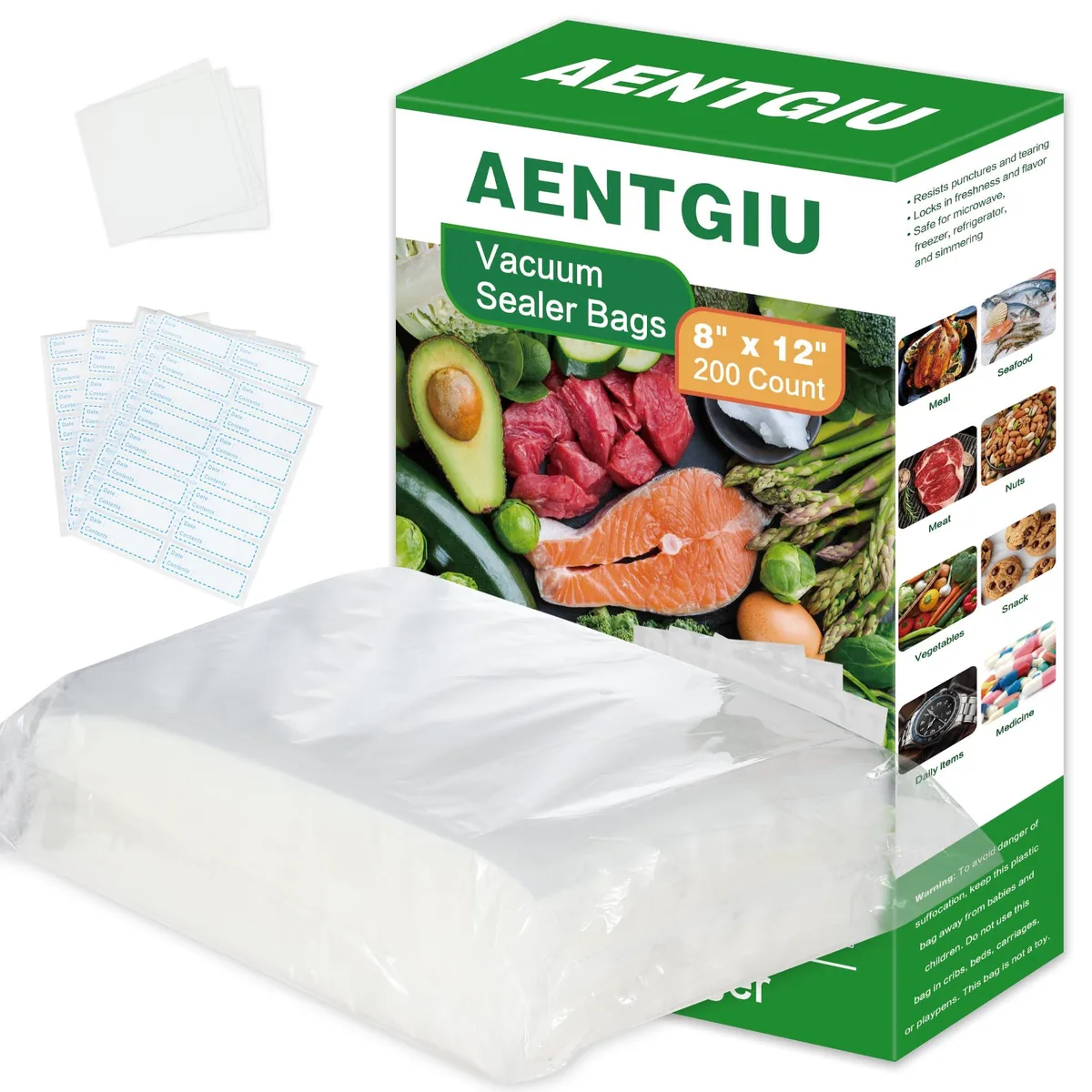 AENTGIU Vacuum Sealer Bags 8x12 Inch 200 Count — product photo