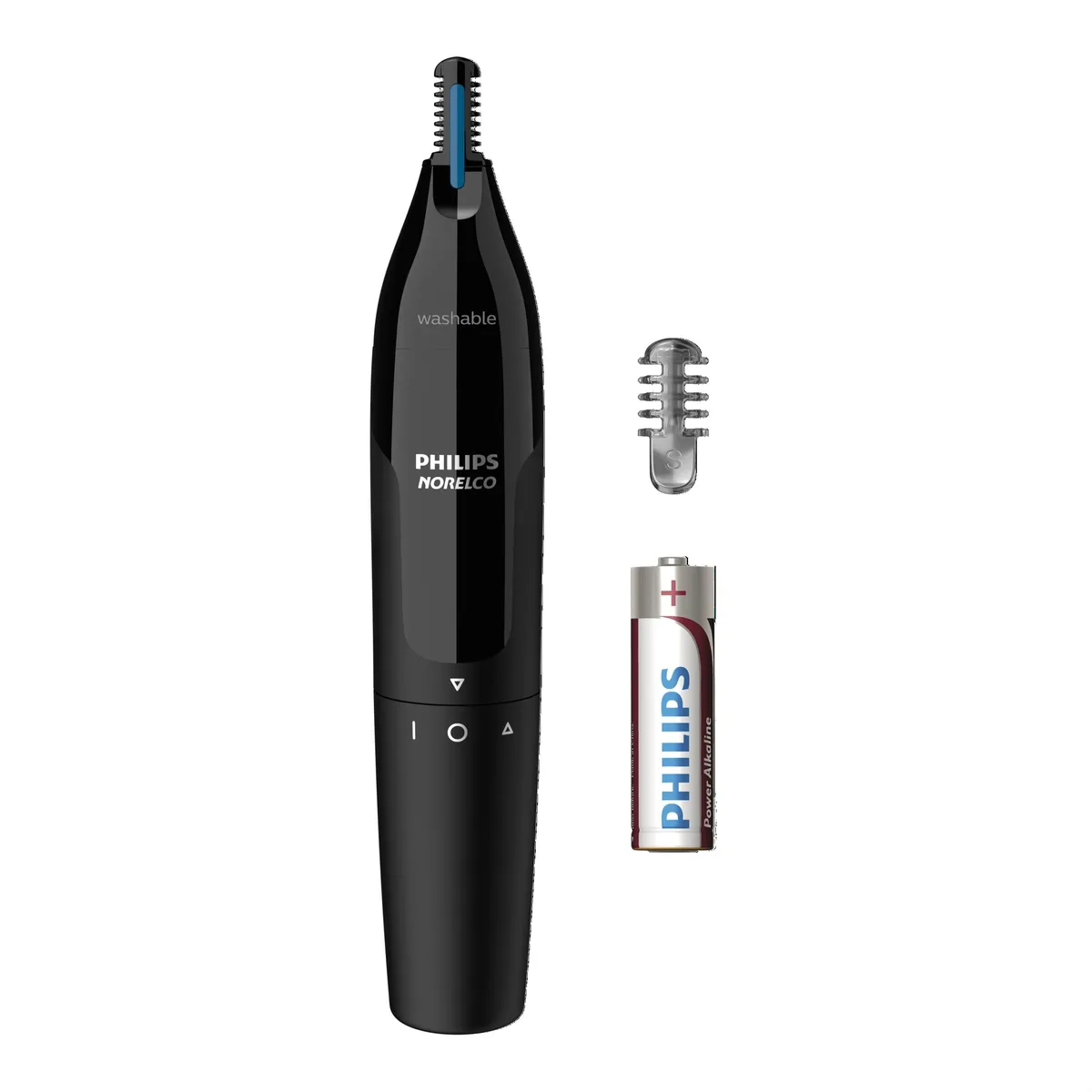 Black cylindrical nose trimmer with protective guard system, battery powered, for nose ear and eyebrows