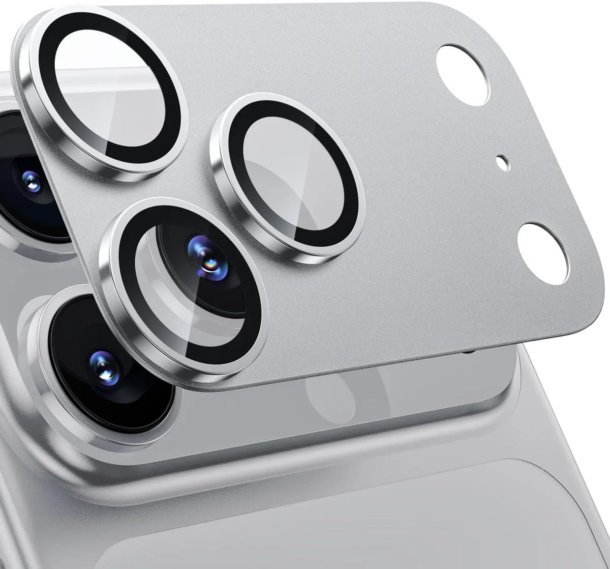 Silver metal ring with clear glass lens protector for iPhone 17 Pro Max