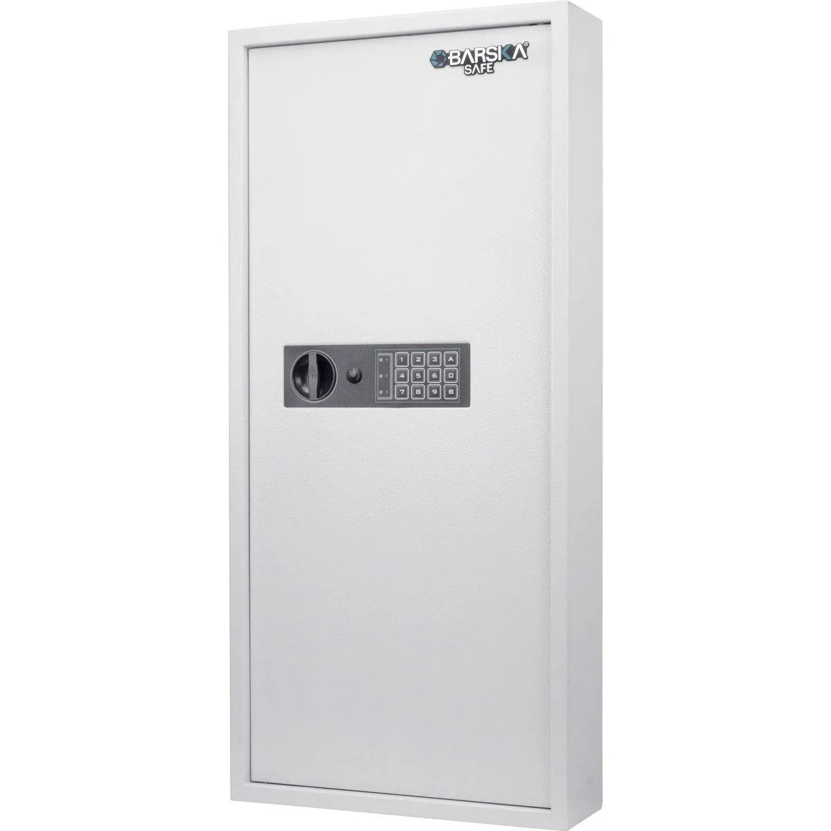 White wall-mounted key cabinet with digital keypad and key lock, 240 numbered hooks inside