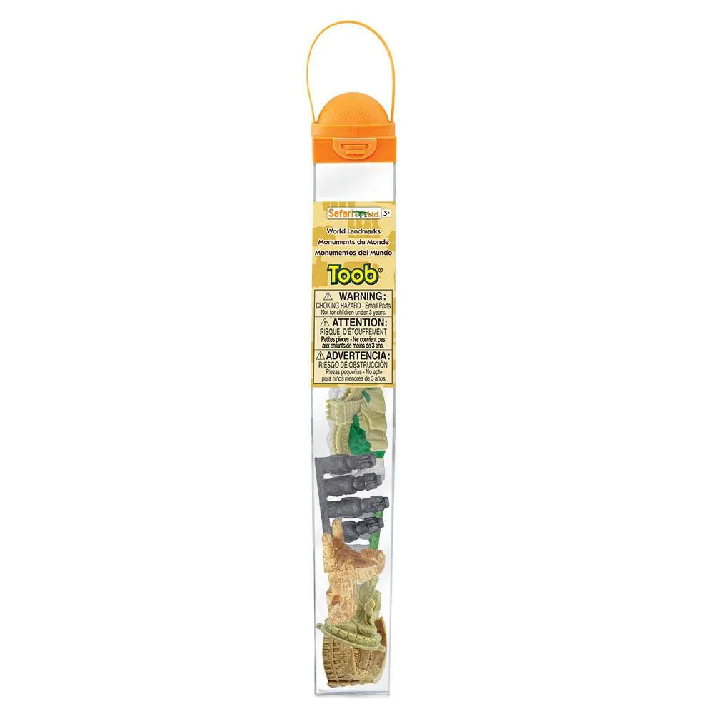 Clear tube holding miniature world landmark figurines
