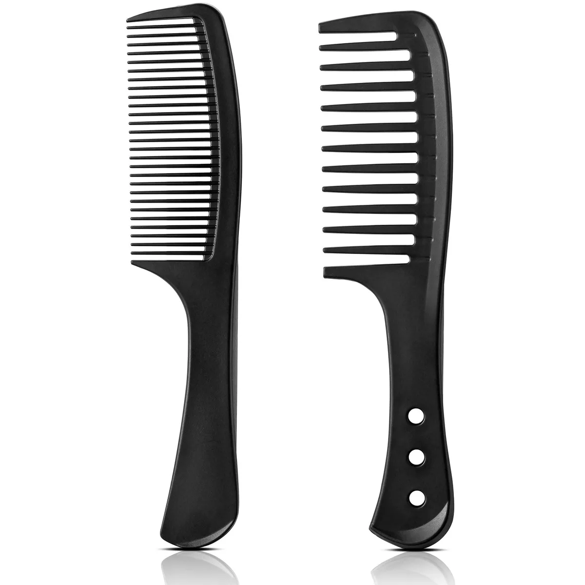 Two plastic combs, one wide-tooth and one fine-tooth, smooth finish