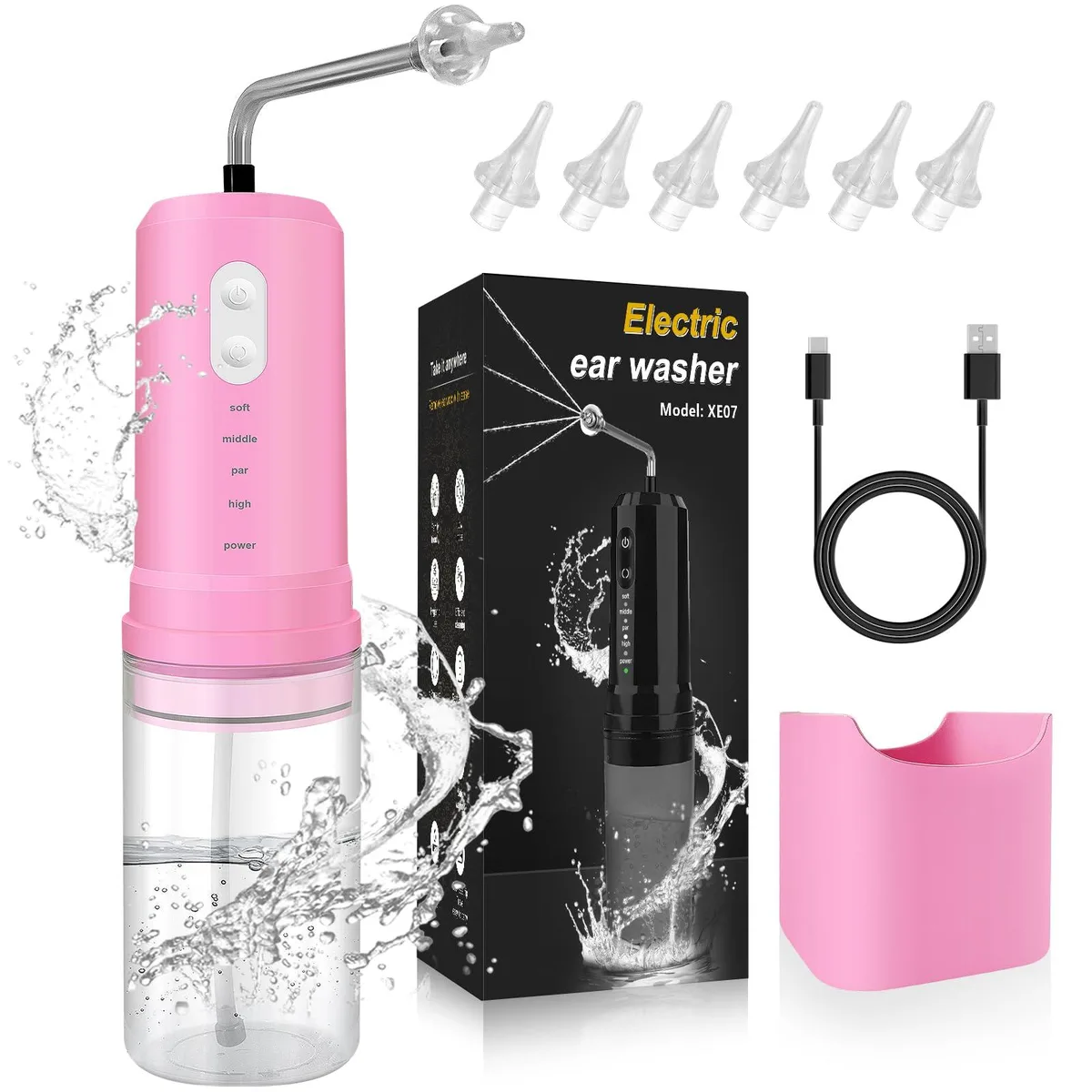 Pink electric ear irrigation device with six silicone tips