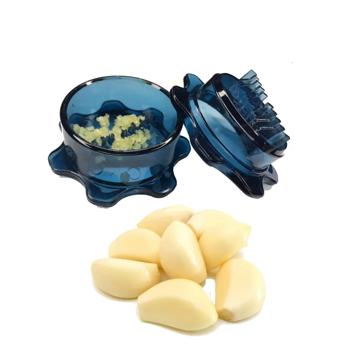 Blue plastic garlic mincer, 3x2x2 inches, handheld size