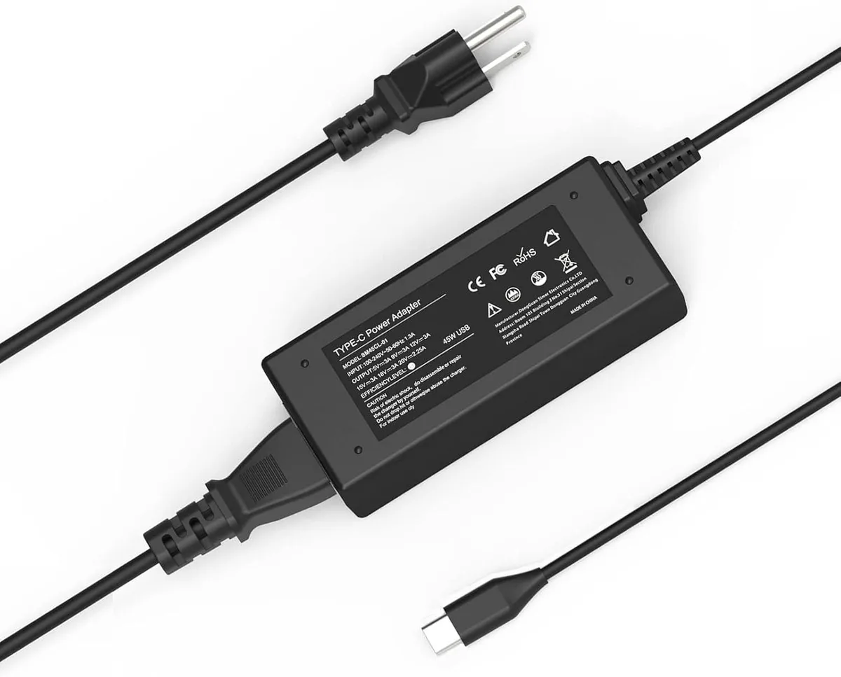 Compact black USB-C power adapter with fixed cable and plug prongs
