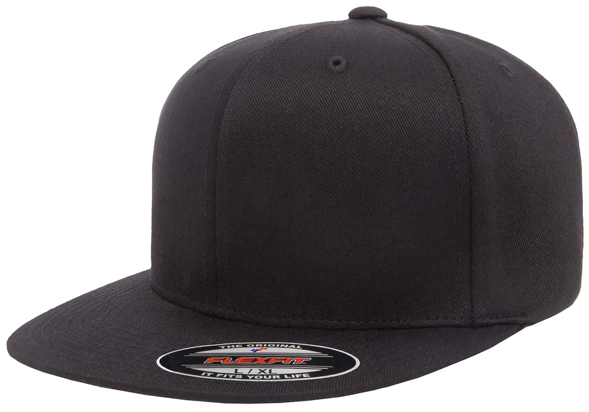 Black six-panel pro baseball cap with flat visor and silver undervisor, structured high-profile fit