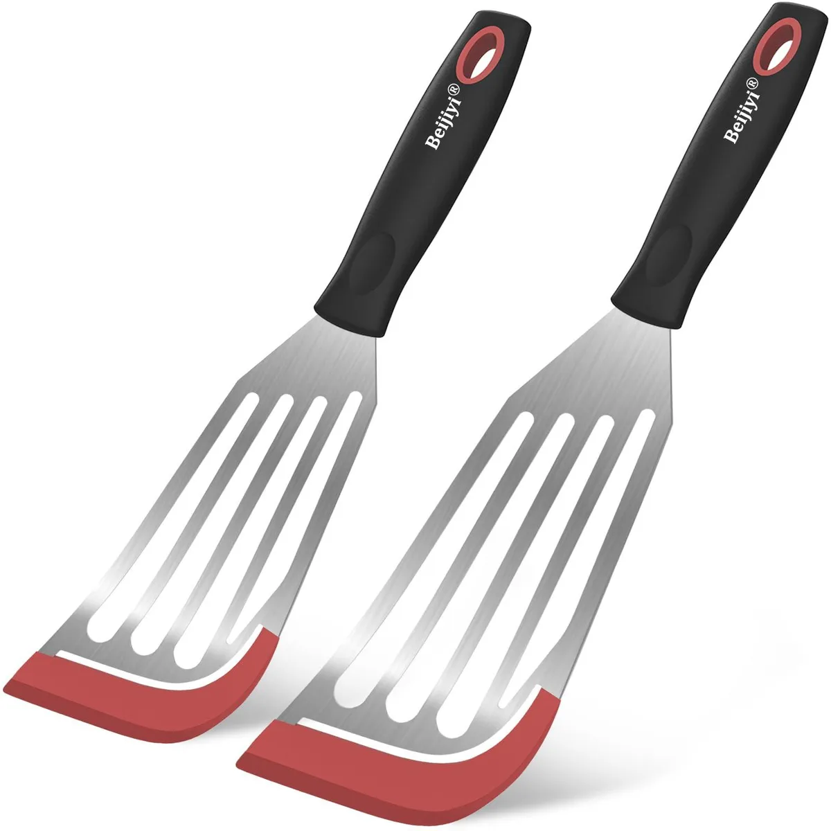 Two silver fish spatulas with flexible steel blades and silicone edges and handles