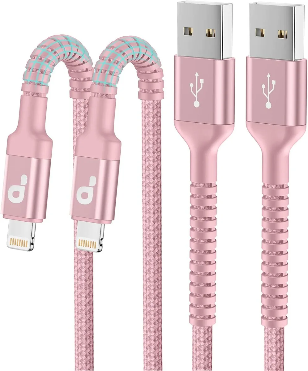 Two pink nylon-braided Lightning cables coiled together