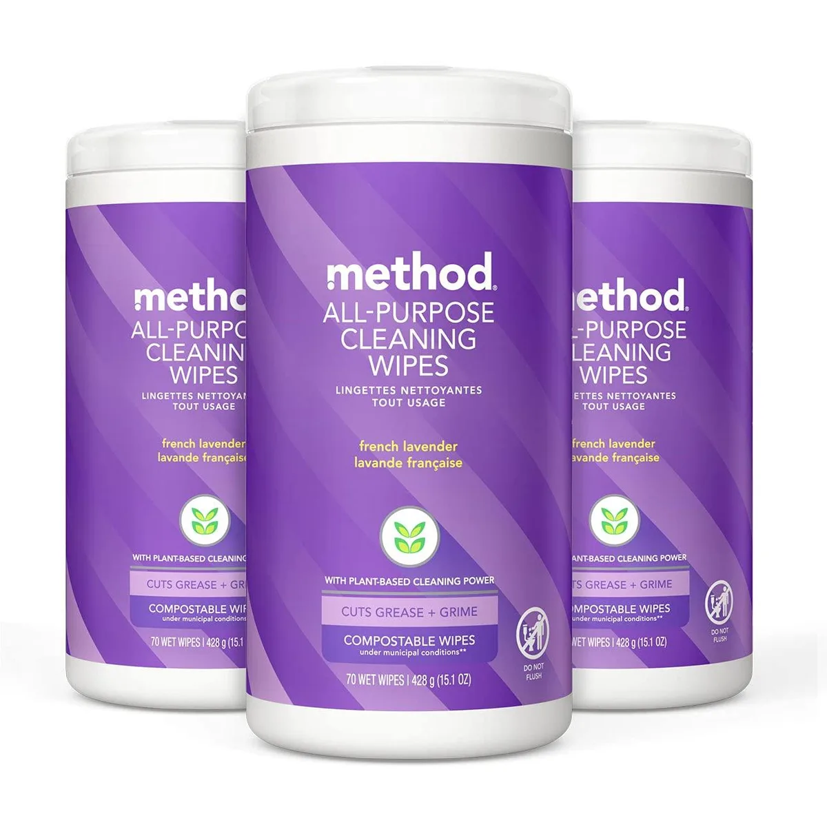 Three cylindrical canisters of French Lavender cleaning wipes, 70 count each