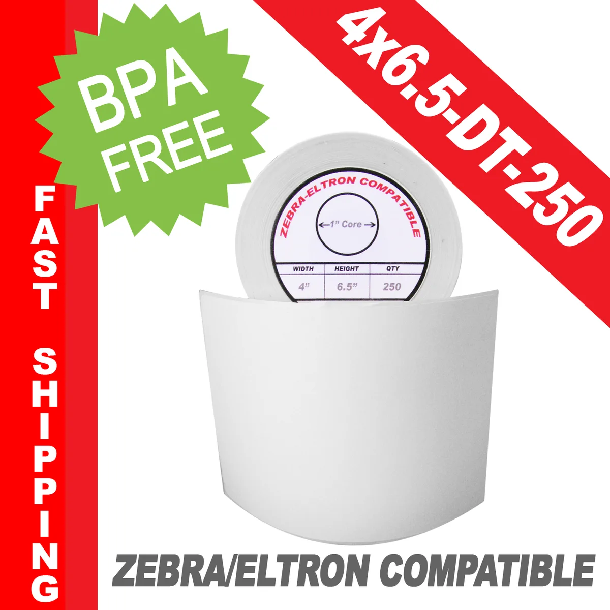 White direct thermal label roll, 250 square labels, 4 by 6.5 inches, 1 inch core