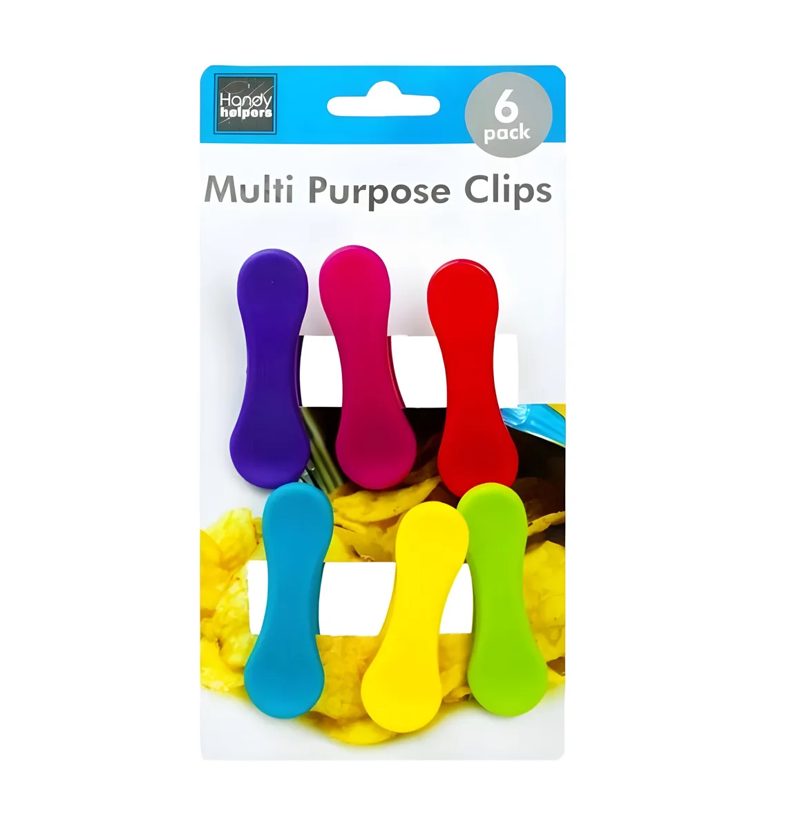 Six colorful plastic bag clips with spring action